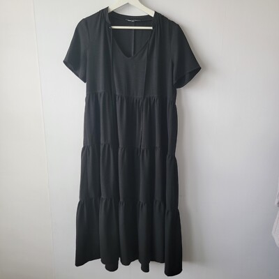 Lulus womens Lovely to Meet You Black Short Sleeve Tiered Midi Dress size S