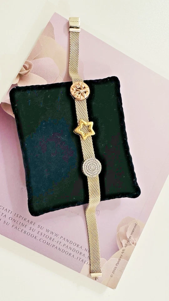 Pandora Bracciale 19cm Argento 925 con 3 Charm Oro Rosa - Oro Giallo -Argento ♥️ - Immagine 2 di 4