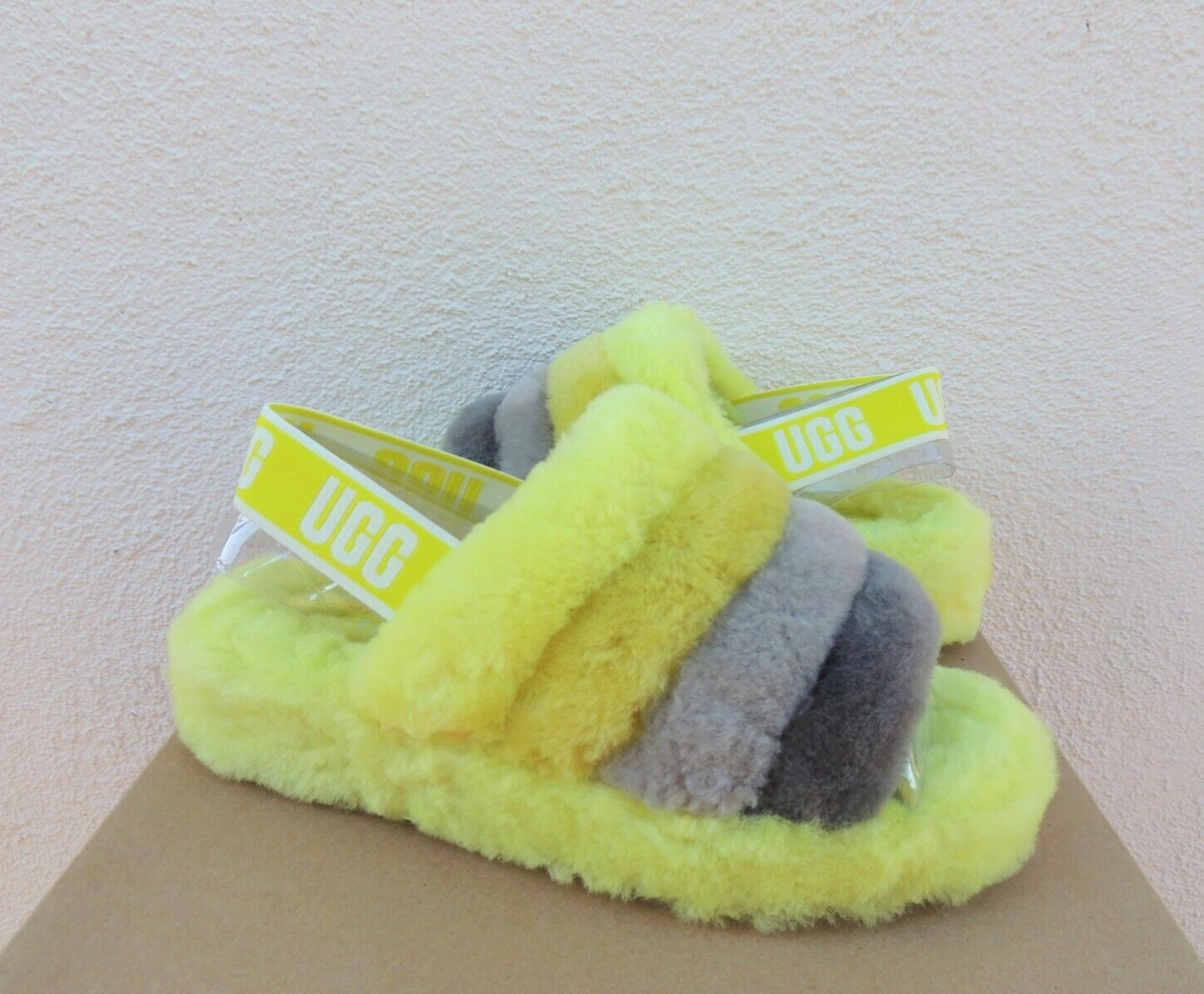 UGG SULFUR YELLOW MULTI FLUFF YEAH SLIDE SHEEPSKIN SLIPPERS, US 6/ EUR 37  ~NIB