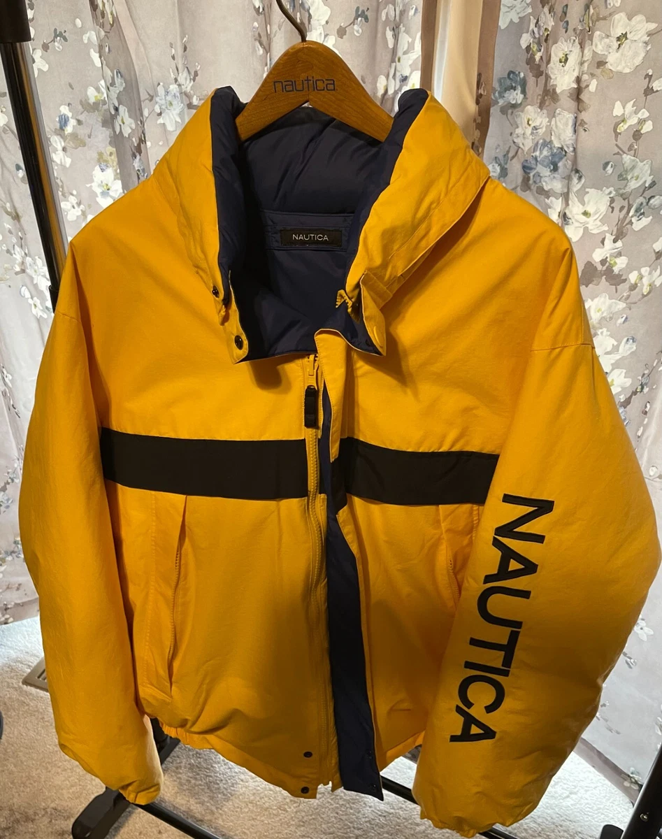 Vintage Nautica Mens Reversible Down Puffer Coat Yellow Blue XL