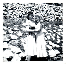 1940s Two Women Hugging Outdoors Wearing Dresses Rocky Garden Vintage Photo