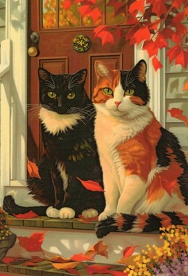 Grußkarte * Kunstlerkarte * Tiere * Herbst, Ein paar Katzen auf der Veranda