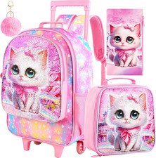 3PCS Rolling Backpack for Girls, Kids Cat Roller Wheels School Bookbag with Lunc