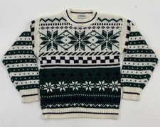 VTG Pullover Holiday Sweater Snowflake Nordic Green White Chunky 80s 90s Mens S