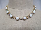 Vintage AB Rhinestone and Milk Glass Necklace Gold Tone Adjustable Choker