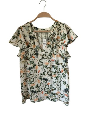 Ann Taylor Loft Sz small floral tropical butterlfy flutter sleeve blouse new