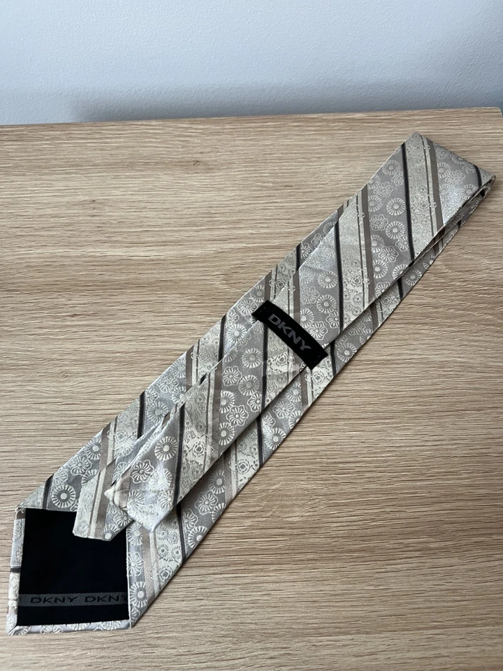 DKNY Silver, Champagne, Tan Striped/Floral Design 100% Silk Designer Tie - Image 4 of 4