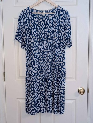 Boho Blue Leopard Print Midi Dress Stretchy Loose Fit Short Sleeve Plus Size