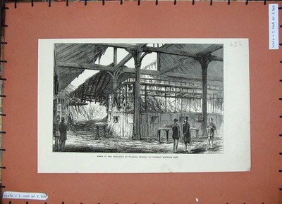Alter antiker Druck 1884 Szene Explosion Victoria Bahnhof Eisenbahn Gebäude 19.