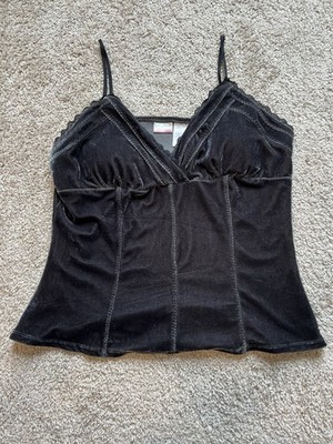 Y2K Whimsygoth Dark Fairy Black Velvet Lace Trim Cami Corset Top XL Indie Goth