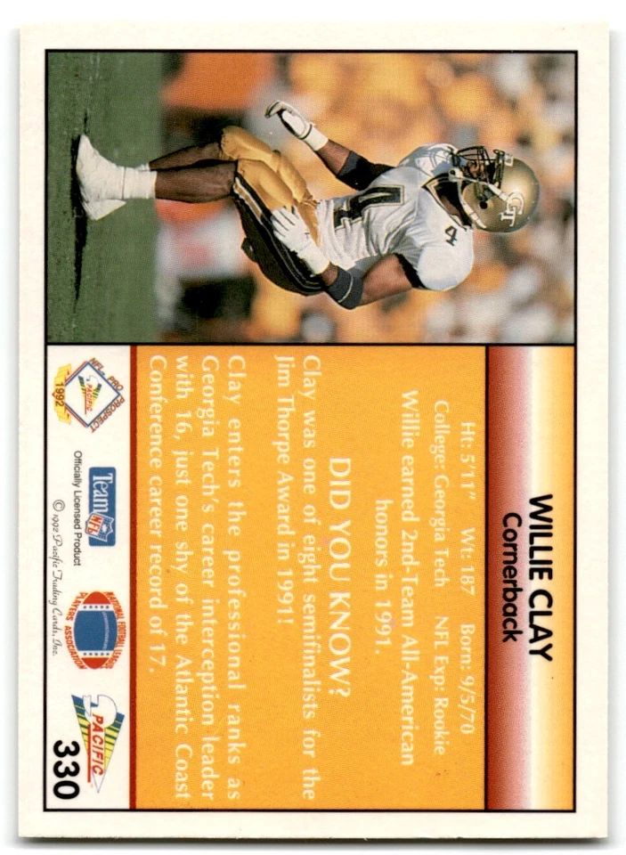 1992 Pacific Willie Clay Rookie Georgia Tech Yellow Jackets #330 - Image 2 of 2