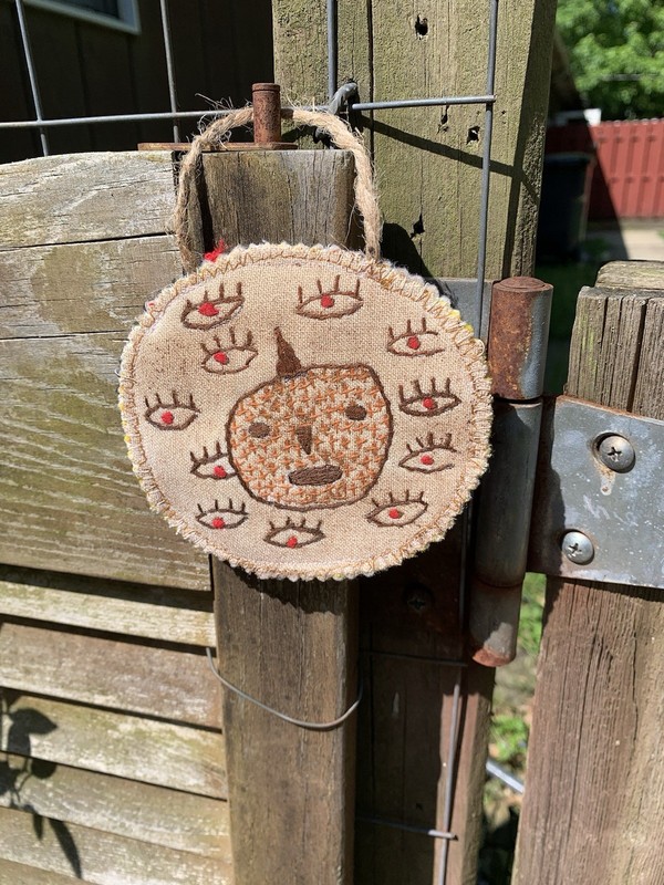 Primitive Halloween Pumpkin Ornament Hand Embroidered