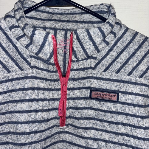 Vineyard Vines Youth M Sweater Girls 1/4 Zip Striped LS Blue Gray Pink Trim Logo - Picture 2 of 10