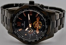 Edle Herren Männer Automatik Uhr Rosé Schwarz Farben offene Unruh Top Design #