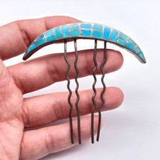 Vintage Zuni Native Turquoise Inlay Silver Hair Comb