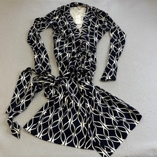 Banana Republic Wrap Around Dress Womens Medium Geometric Tie Waist Black White