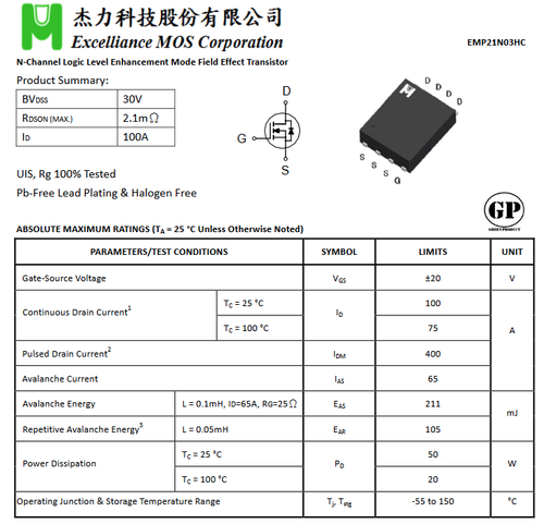 pk532 Mosfet EMP21N03H EMP21N03 P2I NO3 P21N03 P21 N03 EMP21N03HC EDFN5X6 IC - Picture 1 of 3