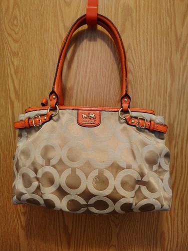 Coach #22344 Madison Kara OP Art Tan Monogram Canvas Satchel Handbag Purse