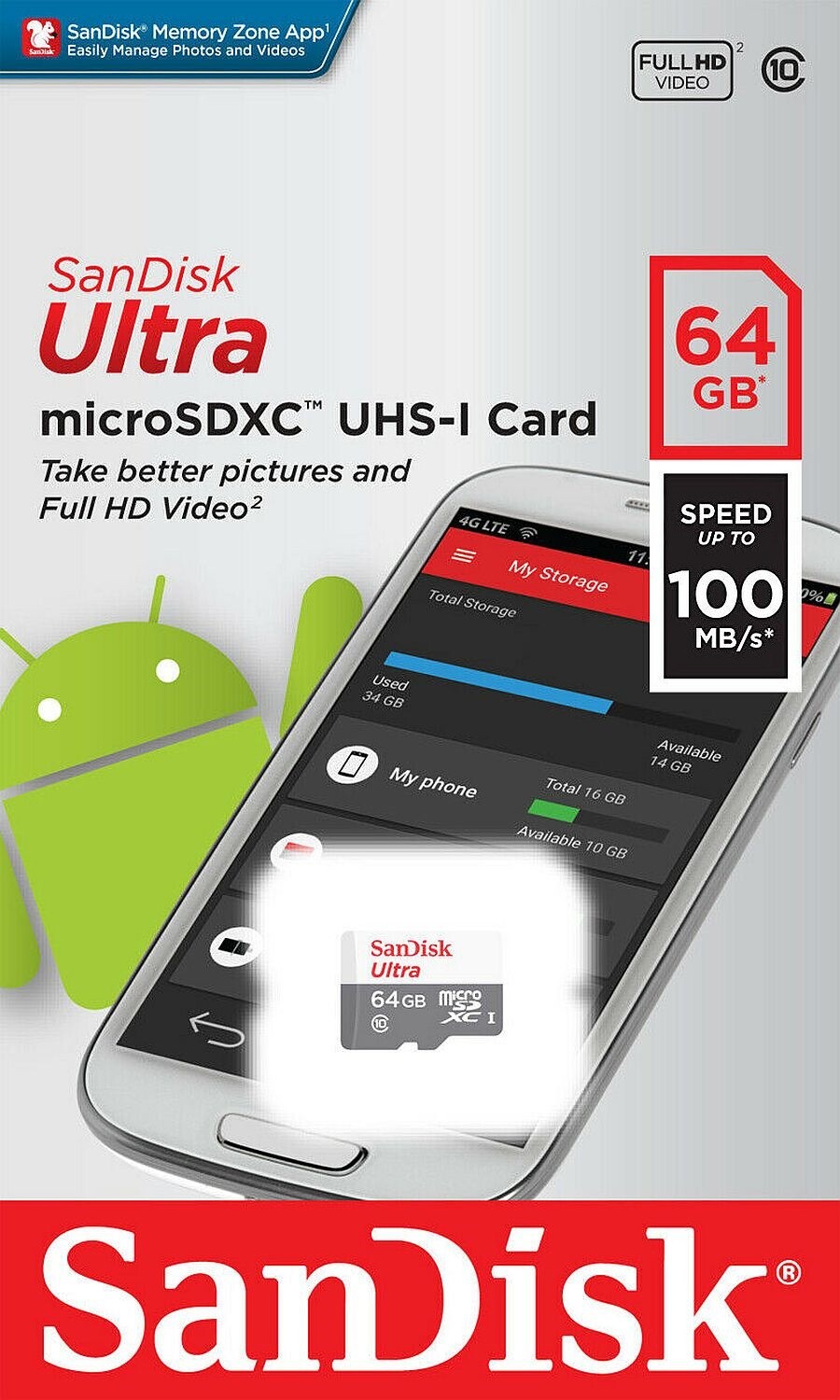 SanDisk Ultra 64GB microSDXC Card UHS-I C10 Up to 100MBs SDSQUNR-064G-GN3MN