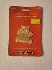VINTAGE NEEDLEFORM GOLD 'N CROSS STITCH BEAR ORNAMENT ( NEW ) MADE IN USA