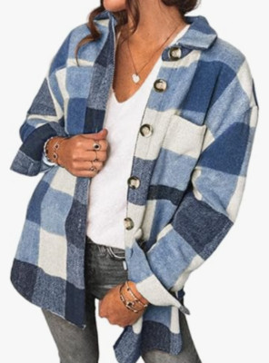 NEW Shewin Women's Long Sleeve Flannel Plaid Lapel Button Up Shacket Size Small