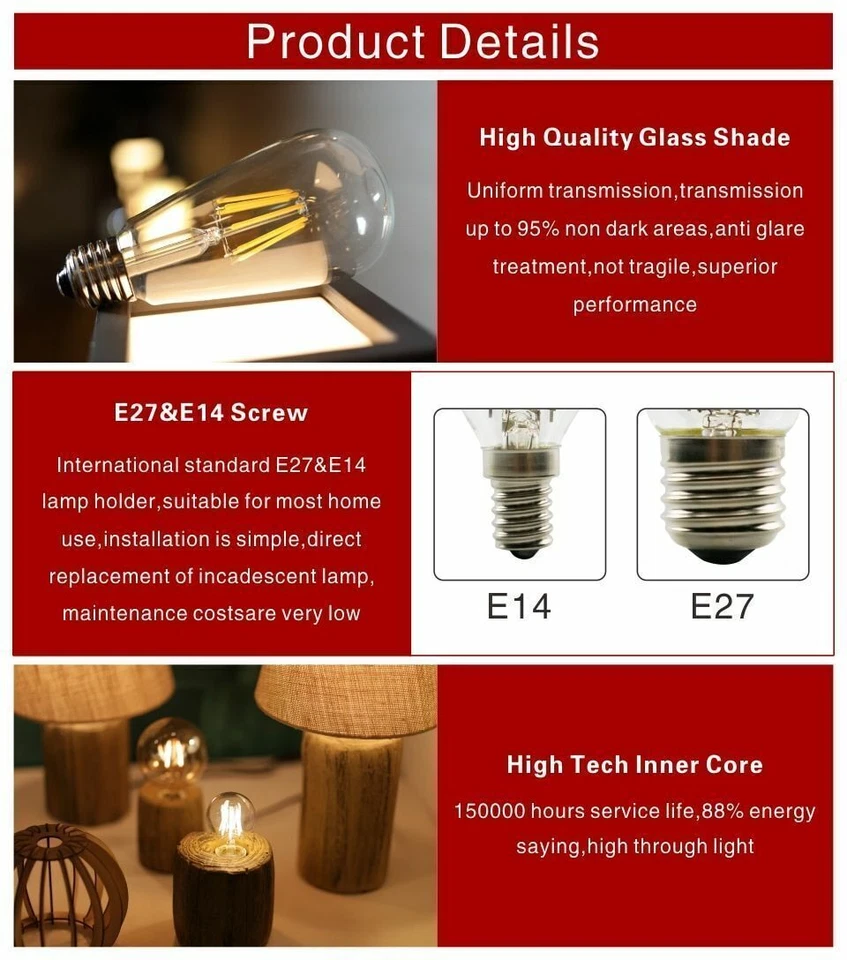 2PCS E27 LED Bulb Filament ST64 Vintage Edison Lamp 220V 6W Lighting Warm White - Image 4 of 4