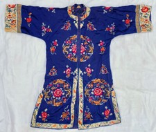 Antique Chinese Hand Embroidered Silk Blue Robe. Flowers Butterflies