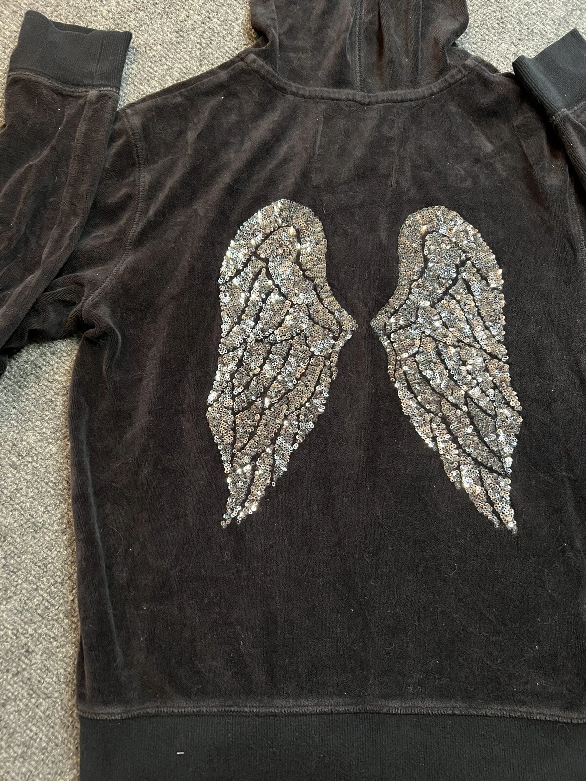 UNDERCOVER Felpa con cappuccio Victoria's Secret cerniera piccola paillettes nera ali angelo velluto LEGGERE Y2K