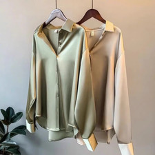 Women Satin Long Sleeve Shirt Shiny Button Down Blouse Top Office Business Retro