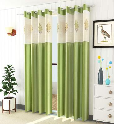 2 Piece Green Polyester Grommet Ringtop Decor Window Door Curtain Set 5 7 9 Feet