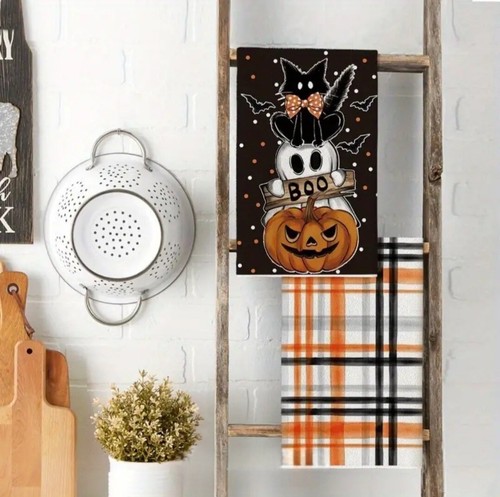 Halloween Kitchen Hand Tea Towels Spooky Pumpkin Ghost Cat Bat Plaid Set of 2 - Picture 4 of 6