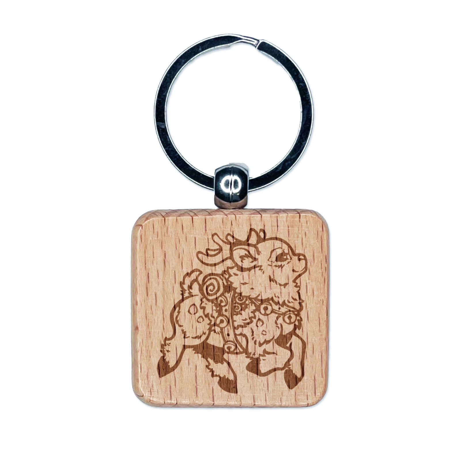 Festive Prancing Holiday Christmas Reindeer Bells Engraved Wood Square Keychain