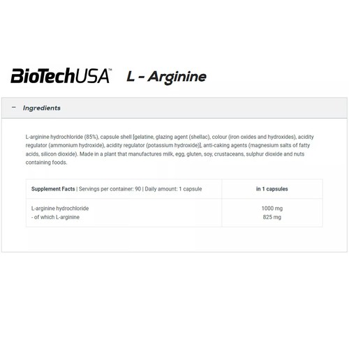 BIOTECH L-ARGININA 1000 mg - 90-180 Cápsulas - Construcción Muscular Resistencia Energía - Imagen 2 de 7