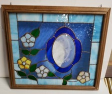 STAINED GLASS 17X15 WINDOW PANEL OAK FRAMED BLUE/CLEAR ETCHED HUMMINGBIRD