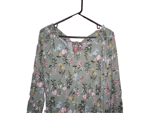 Massini Womens Top Size XL Green Floral Print Pullover Drawstring Neck Line - Picture 3 of 5