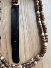 VINTAGE Boho Beaded Belt Wooden Leather Brass Buckle Taiwan M Hippie Women
