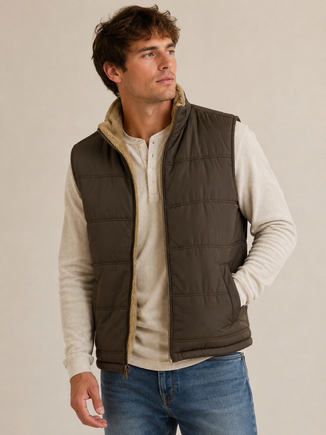 Weatherproof Vintage Puffer Vest Mens XL Brown Sherpa Lined Full Zip
