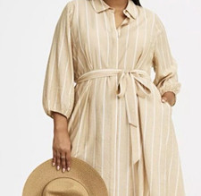 Women’s Beige White Striped Collared Belted Tie Waist Midi Shirt Dress M