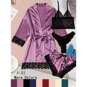 Women's Pajama Satin Sexy Lingerie Robe Set 4Pcs Pjs Silk Sleepwear Lace Short