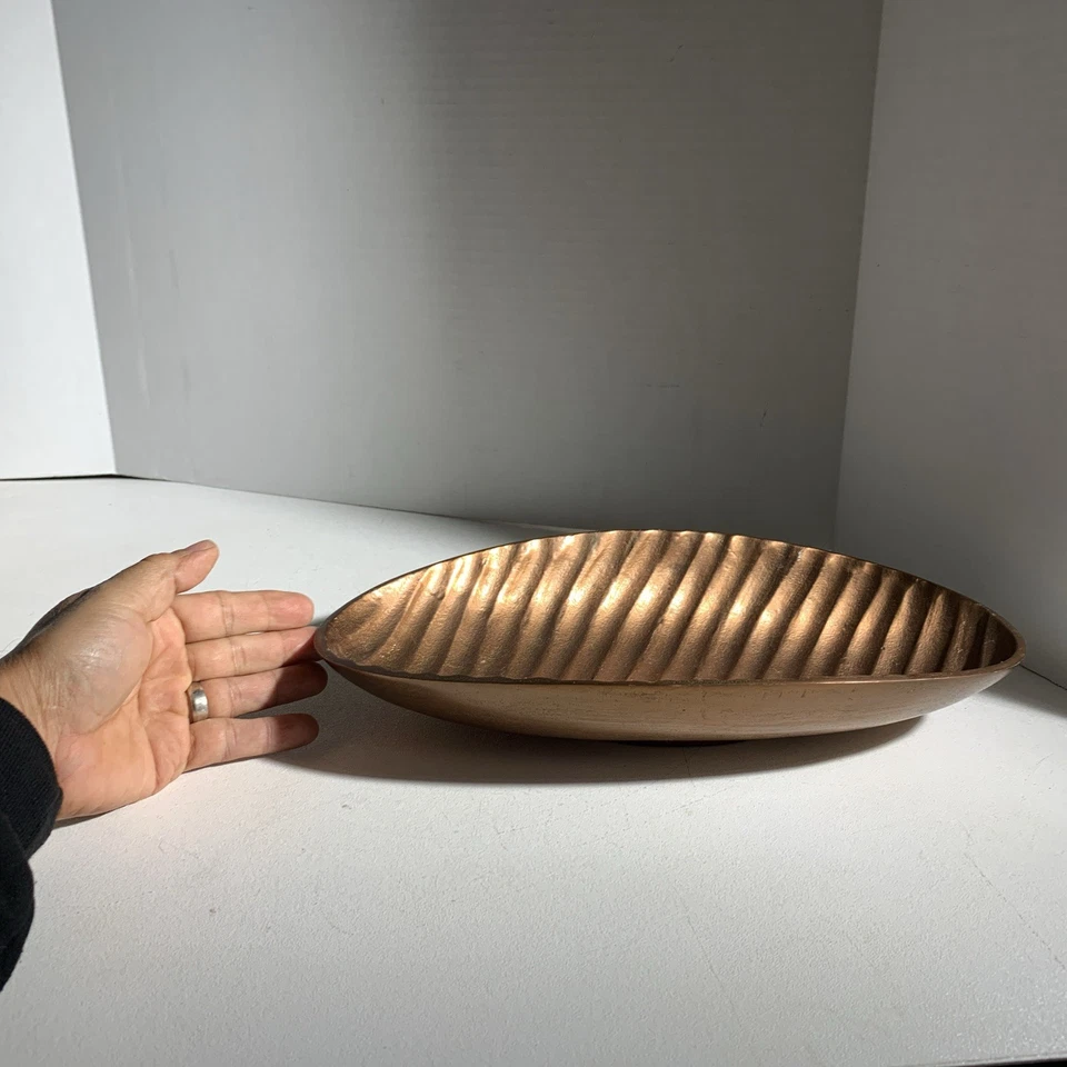 Modern Copper Tone Oval Metal Ribbed Serving Tray Centerpiece Fruit Bowl - Image 3 of 4