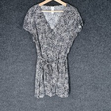 H&M Dress Women 12 Black Floral Sheath Short V-Neck Belted Short Sleeve Casual