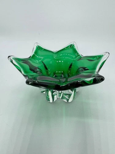 Vintage Murano Style Green Art Glass Bowl, Star Shaped, Sommerso, 20cm