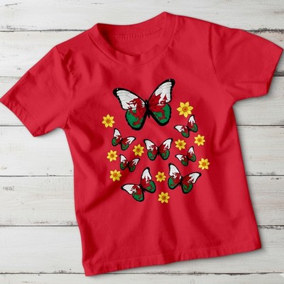 Walisische Flagge Schmetterlinge Wales Kultur Reisen Kinder T-Shirt Nationalsymbole