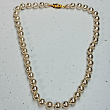 Vintage Faux Pearl Necklace Signed Japan Knotted Cream Bead Strand Gold Clasp