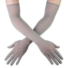 Tulle Mesh Gloves - Silk Sheer, Elbow Length - Costume Gloves Extra Long Gray