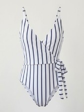 Cupshe White and Navy Vertical Stripe One-Piece with Side Tie Lg