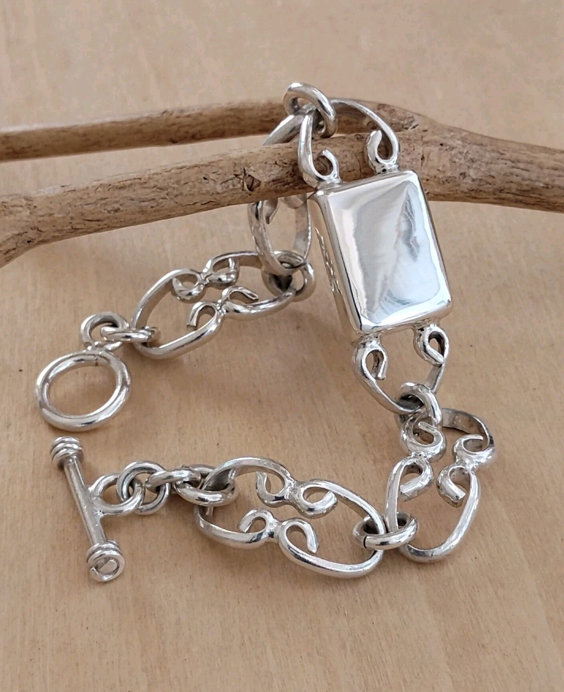 Sterling Silver Scroll-Link Toggle Bracelet Engra… - image 2