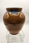 Beautiful hand Made Glazed Pottery Clay brown with blue detailed flowers rustic