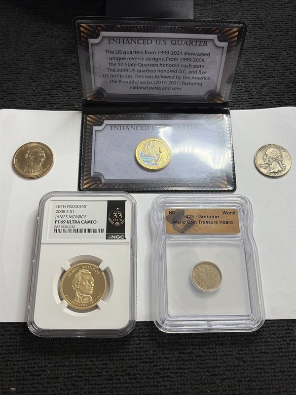 Collectors Lot 90% Silver Coin, 2 Dollar Coins, World Coin And Enhanced Quarter.