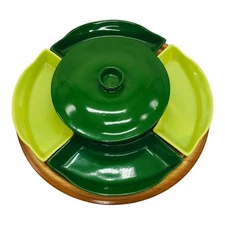 VTG MCM Santa Anita Ware 7 pc Serving Dish Set Lazy Susan Lid Green Kitsch Party